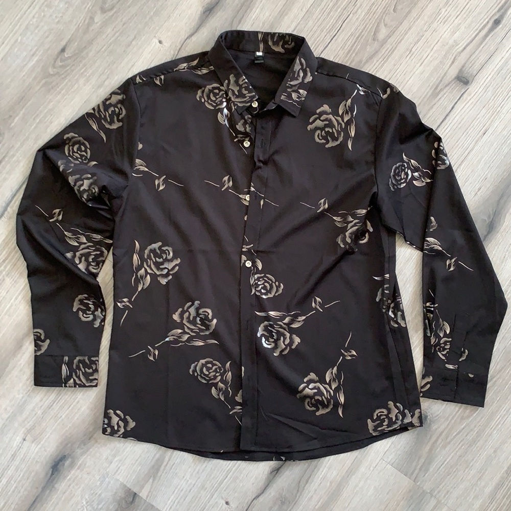Men’s Black Metallic Floral Dress Shirt